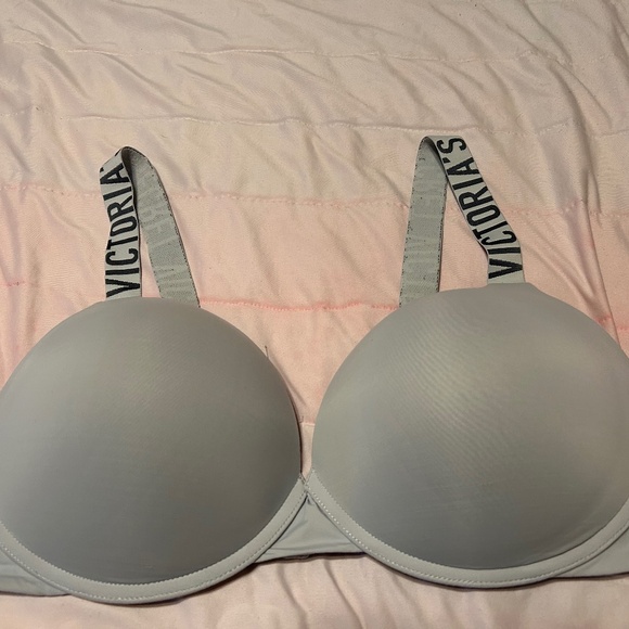 Victoria's Secret T-Shirt Push Full Coverage Blue/Gray Logo Wide Strap 38DD Bra - Picture 1 of 5
